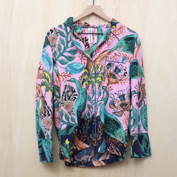 Raphael Balme for Anthropologie Peacock Flannel Sleep Top Small - Picture 2 of 4